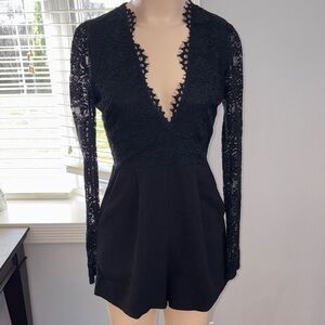 Black Lace Long Sleeve Romper with Pockets